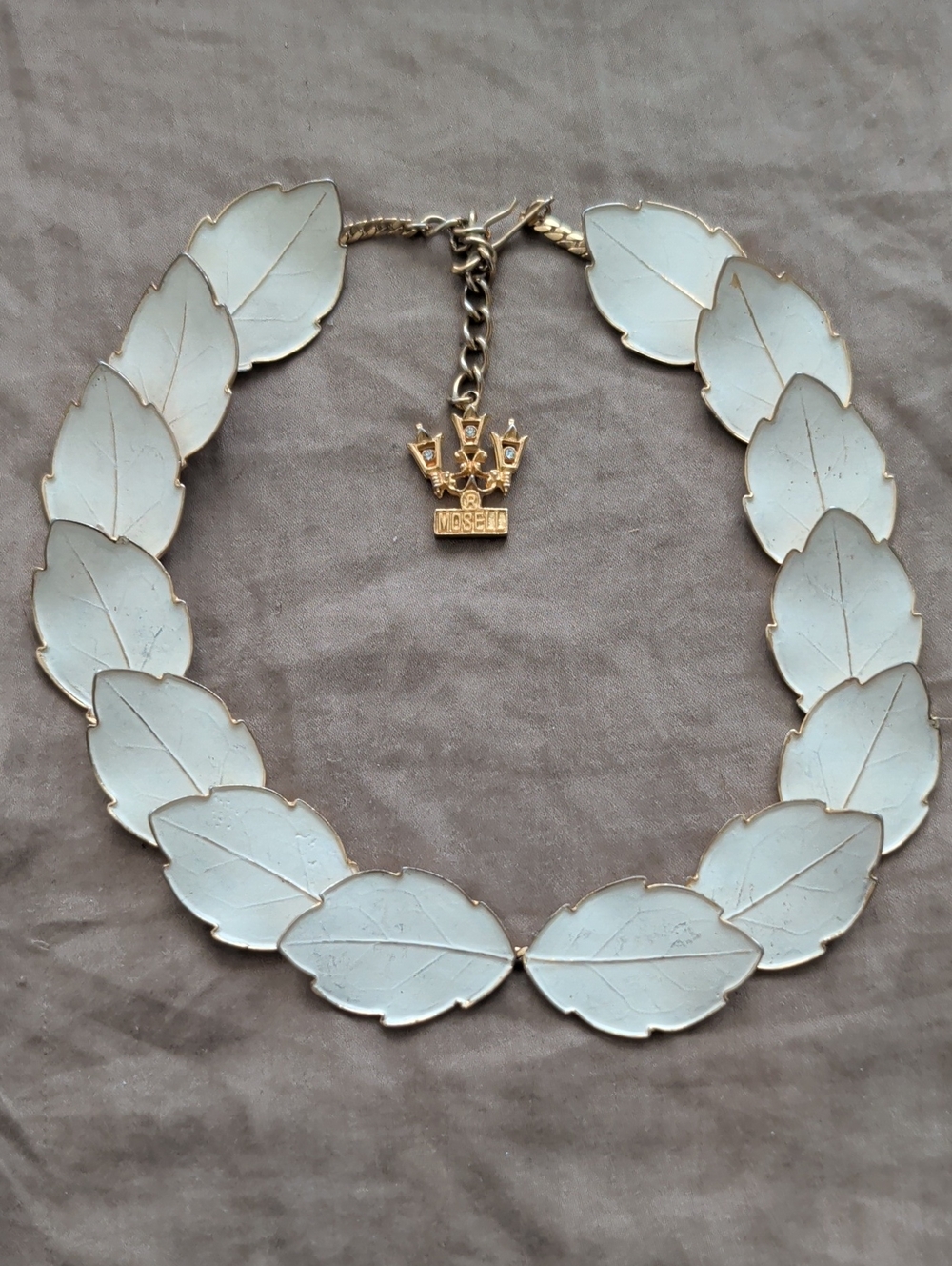 Signed Frederick Mosell gold-tone white enamel leaf statement necklace